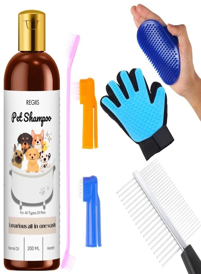 REGIIS Pet Grooming Kit with All-in-One Pet Shampoo, 200ml, Includes Grooming Gloves, Brush, Comb for Dogs and Cats(5 PACK)